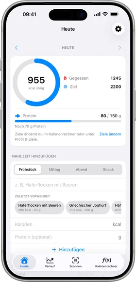Heute-Ansicht der KuGT App mit Kalorien- und Protein-Übersicht