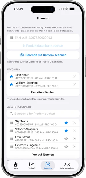 Scannen-Ansicht der KuGT App mit Barcode-Suche, Favoriten und Scan-Verlauf