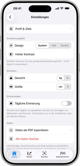 Einstellungen der KuGT App mit Design, Einheiten, Erinnerung und PDF-Export
